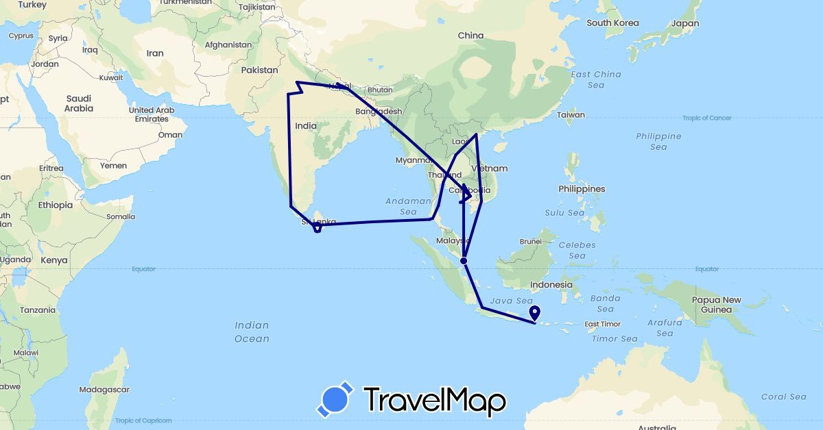 TravelMap itinerary: driving in Indonesia, India, Cambodia, Laos, Sri Lanka, Nepal, Singapore, Thailand, Vietnam (Asia)