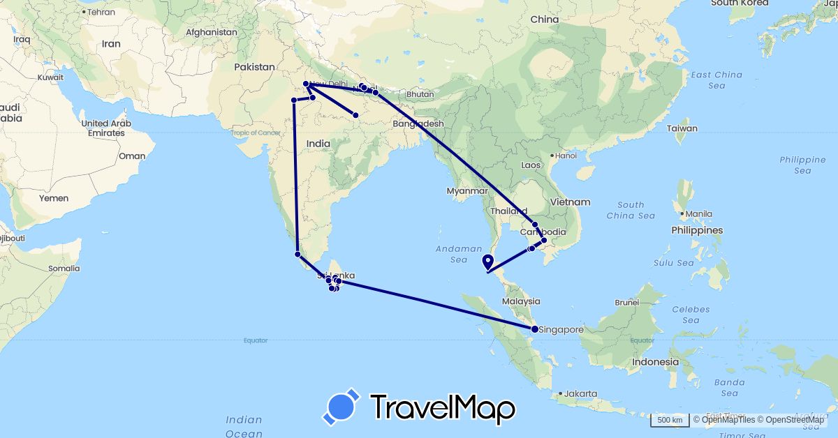 TravelMap itinerary: driving in India, Cambodia, Sri Lanka, Nepal, Singapore, Thailand (Asia)